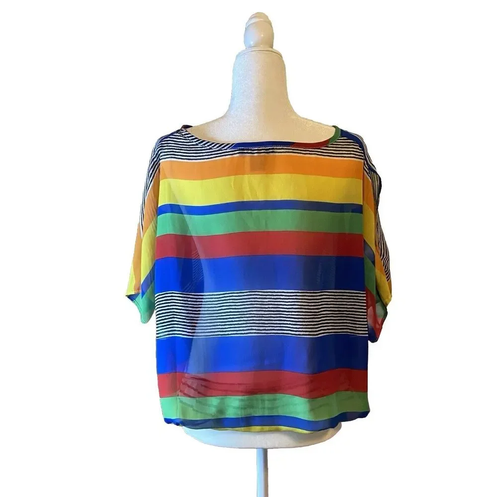 Pink Collection Size XL Cropped Top‎ Bright Stripes Sheer Cold Shoulder Flaw - Picture 3 of 9